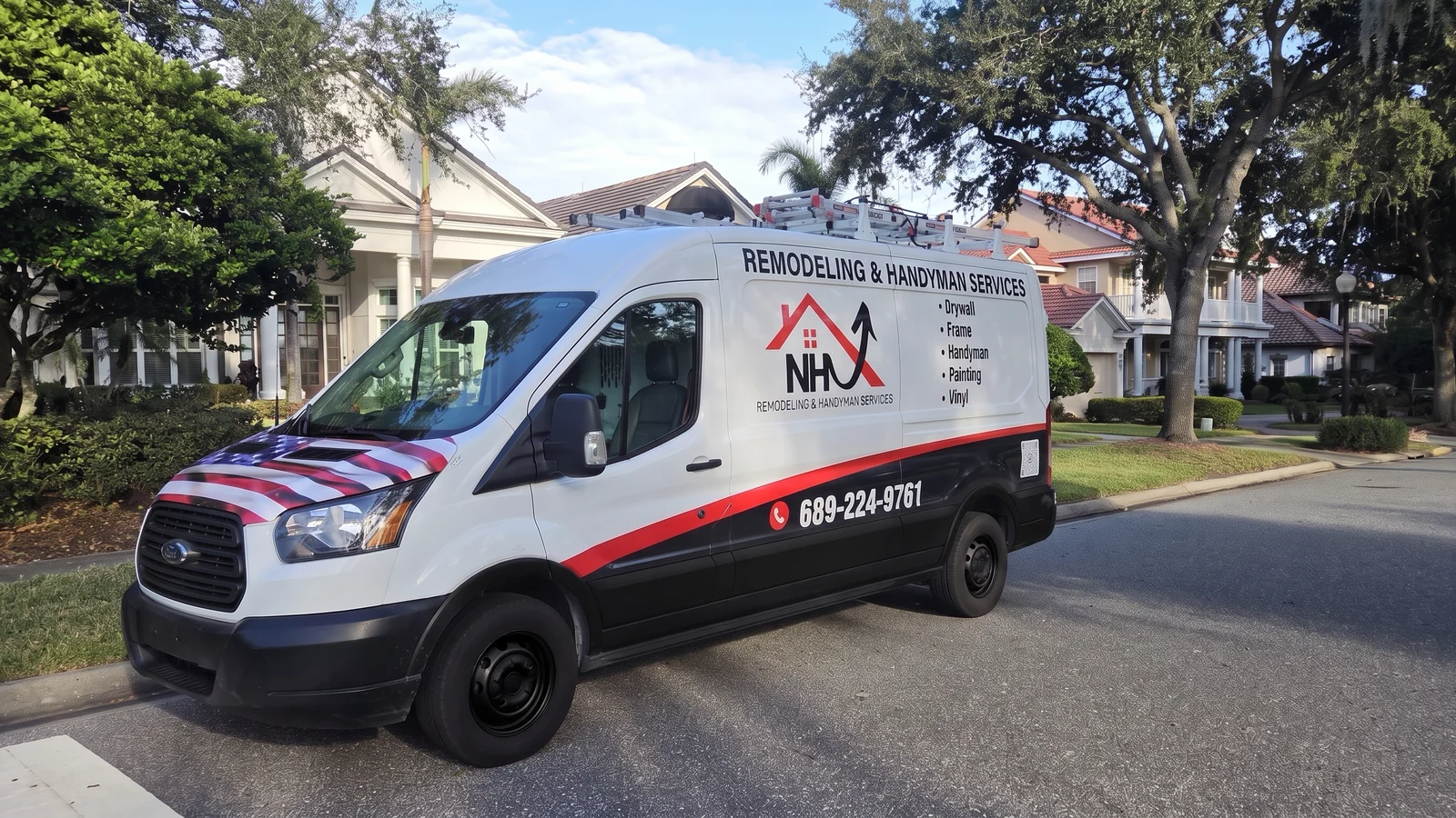 NHX Remodeling & Handyman service van parked in an Orlando neighborhood